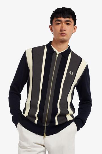 Navy Fred Perry Striped Zip-Through Cardigan Men's Knitwear | PH 1323LISH